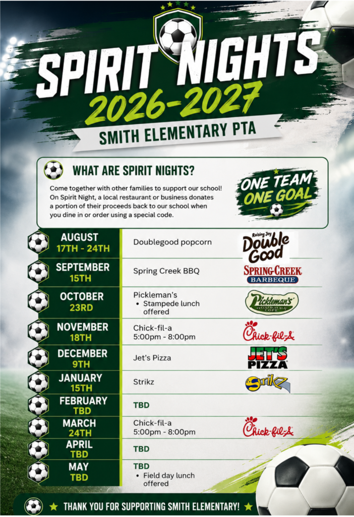 Smith PTA Spirit Night Dates