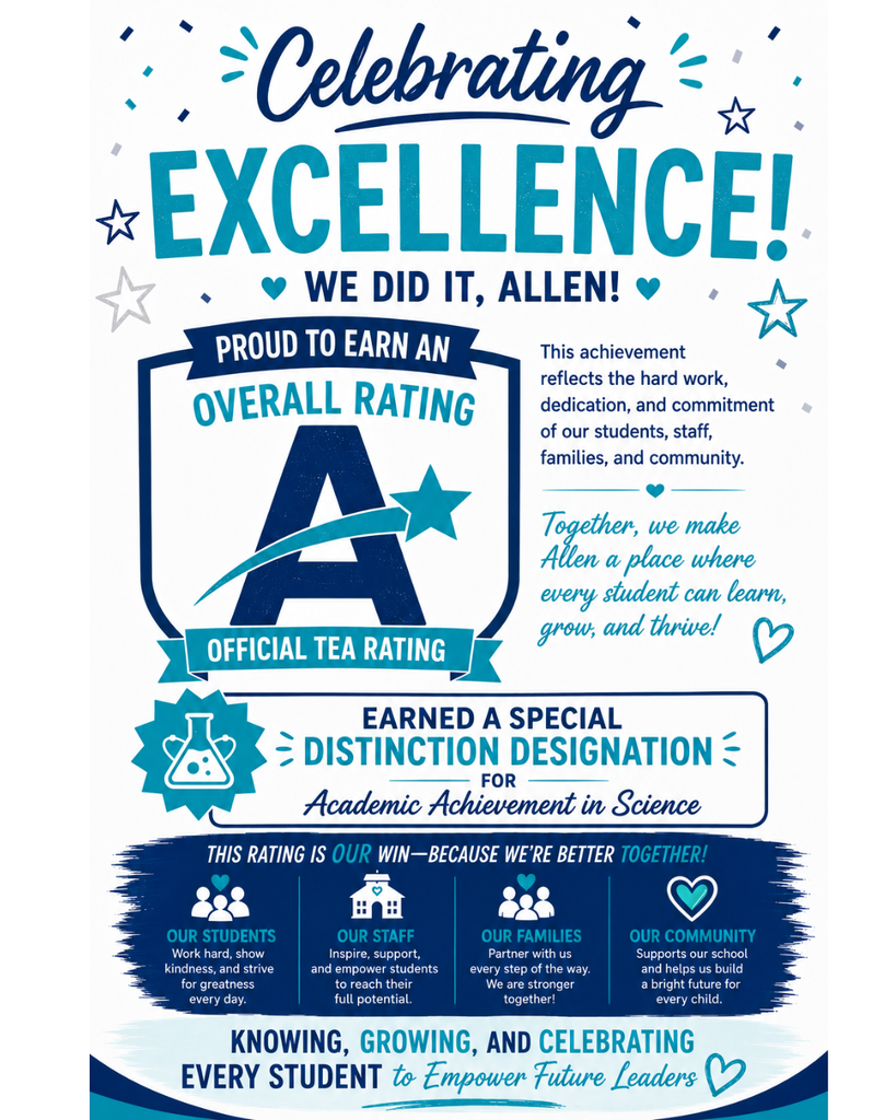 Celebrating Excellence at Allen Elementary! We are proud to celebrate Allen Elementary’s A overall rating from the Texas Education Agency (TEA)! This achievement reflects our commitment to high expectations, academic excellence, and continuous growth for every student. We are especially proud to have earned a Special Distinction Designation for Academic Achievement in Science. This recognition is a testament to the dedication and hard work that make Allen a place where every student can learn, grow, and thrive. Knowing, Growing, and Celebrating Every Student to Empower Future Leaders.