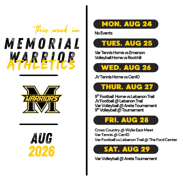 Athletic Schedule for week of August 24th-29th.