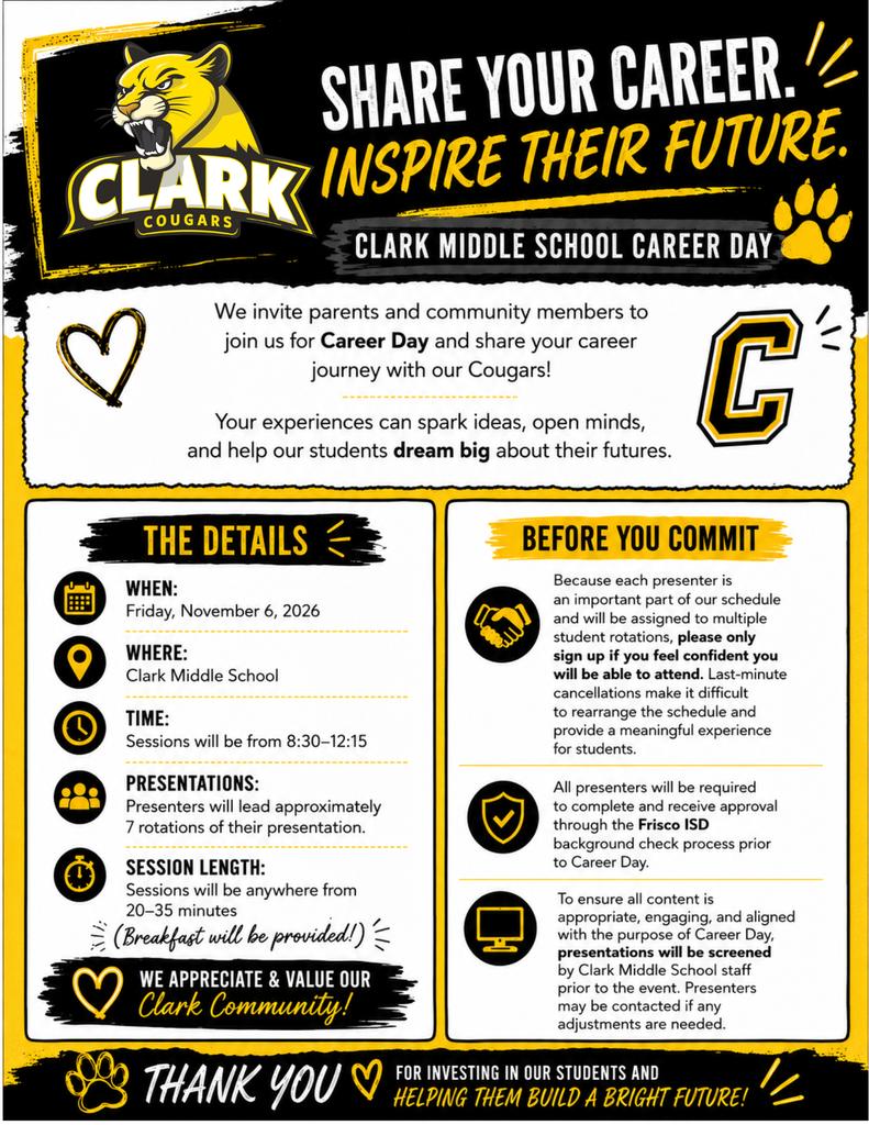 Share your career at Clark Middle School on November 6, 2026!