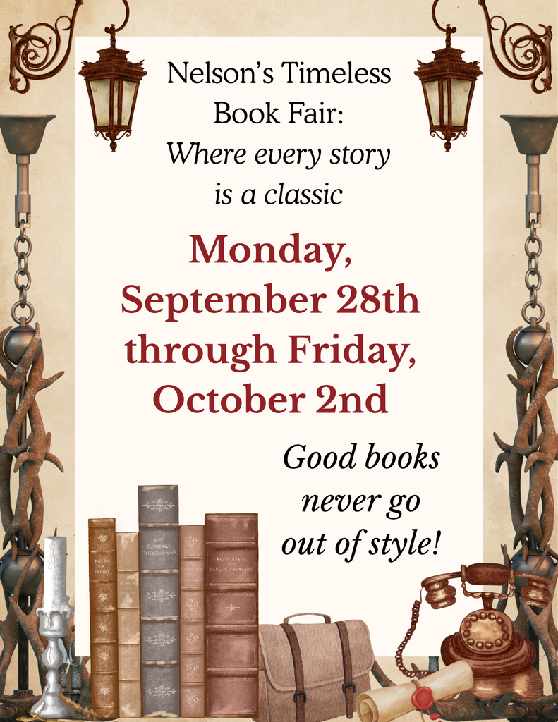 book fair flyer featuring vintage books and lamps