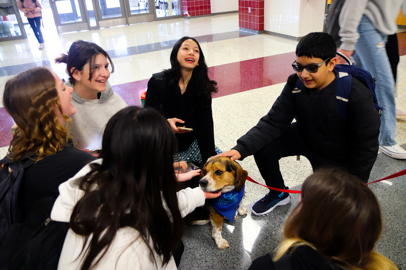 Kids petting Tucker the therapy dog