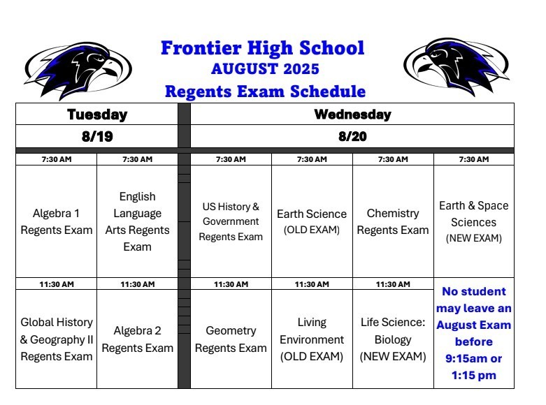 Frontier August 2025 Regents Exam Schedule