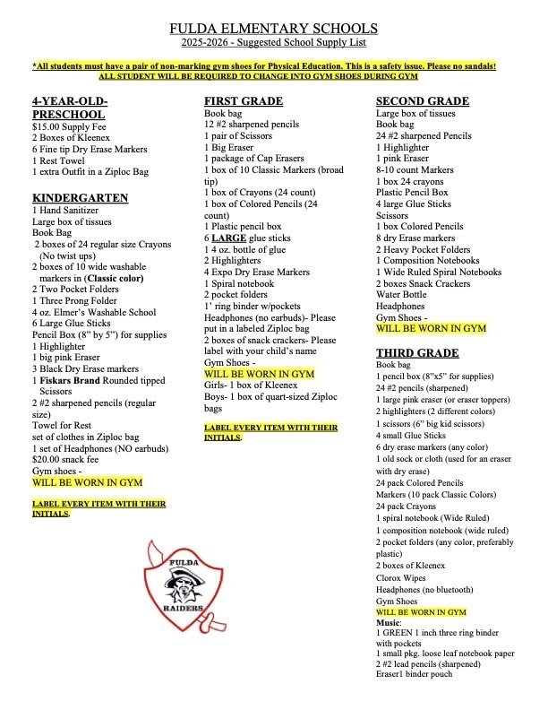 Elementary School Supply List Part 1