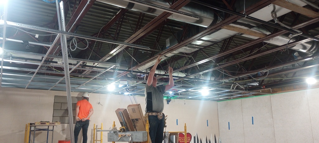 Installation of suspended ceiling grid in the Band, Choir and Ag Rooms has been completed.  Infilling of old window opening also has occured.