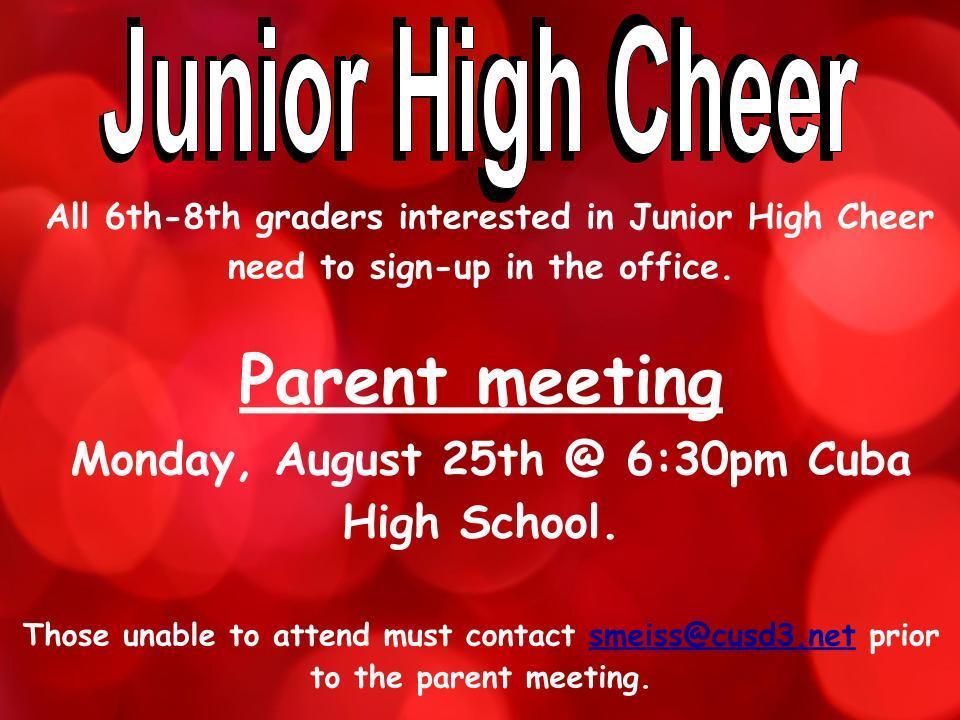 Junior High Cheer sign-up sheets are in the office at Cuba and Valley!