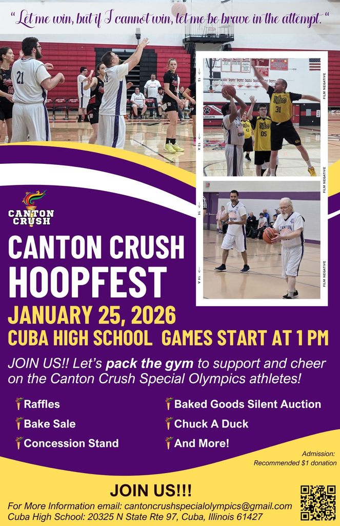 The Canton Crush Basketball Hoopfest will come to Cuba High School on January 25 at 1:00PM. Let’s pack the gym to support and cheer on the Canton Crush Special Olympics athletes! Admission: recommended $1 donation. 