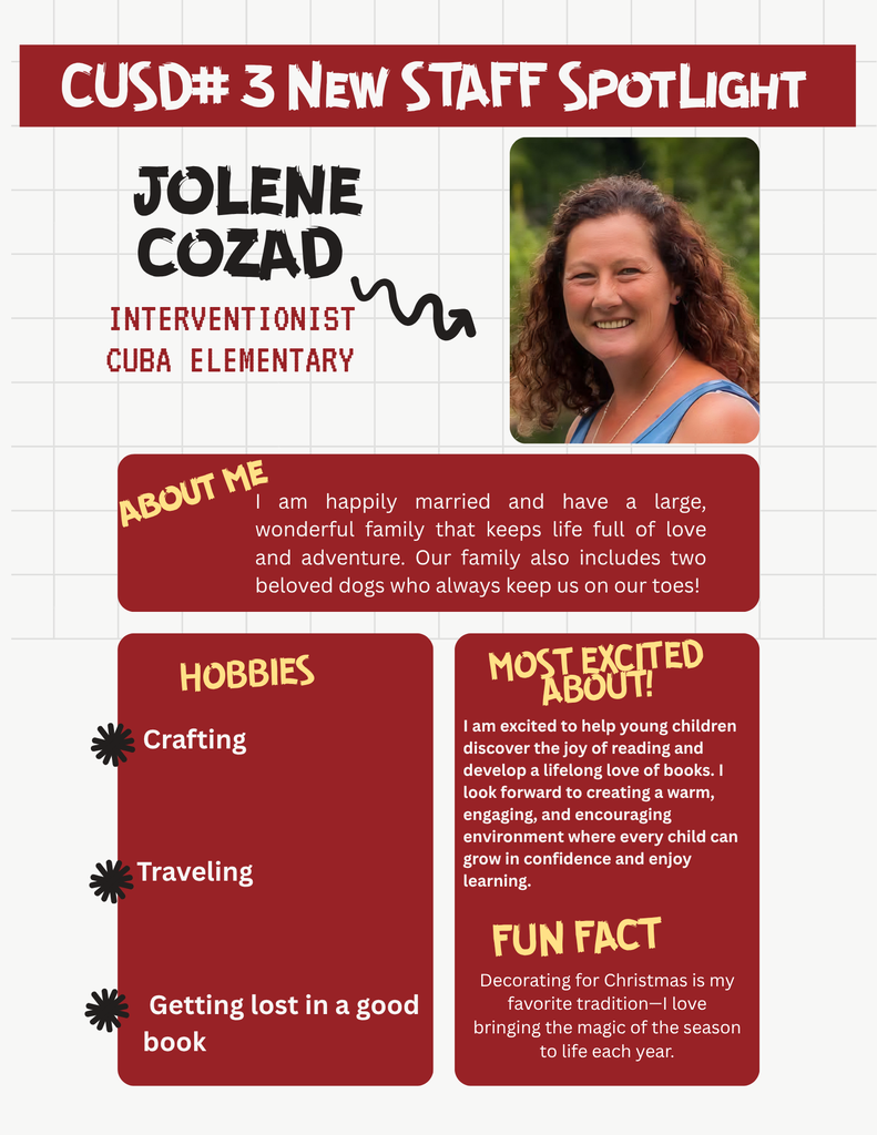 CUSD#3 Staff Spotlight-Jolene Cozad will be an interventionist at Cuba Elementary.