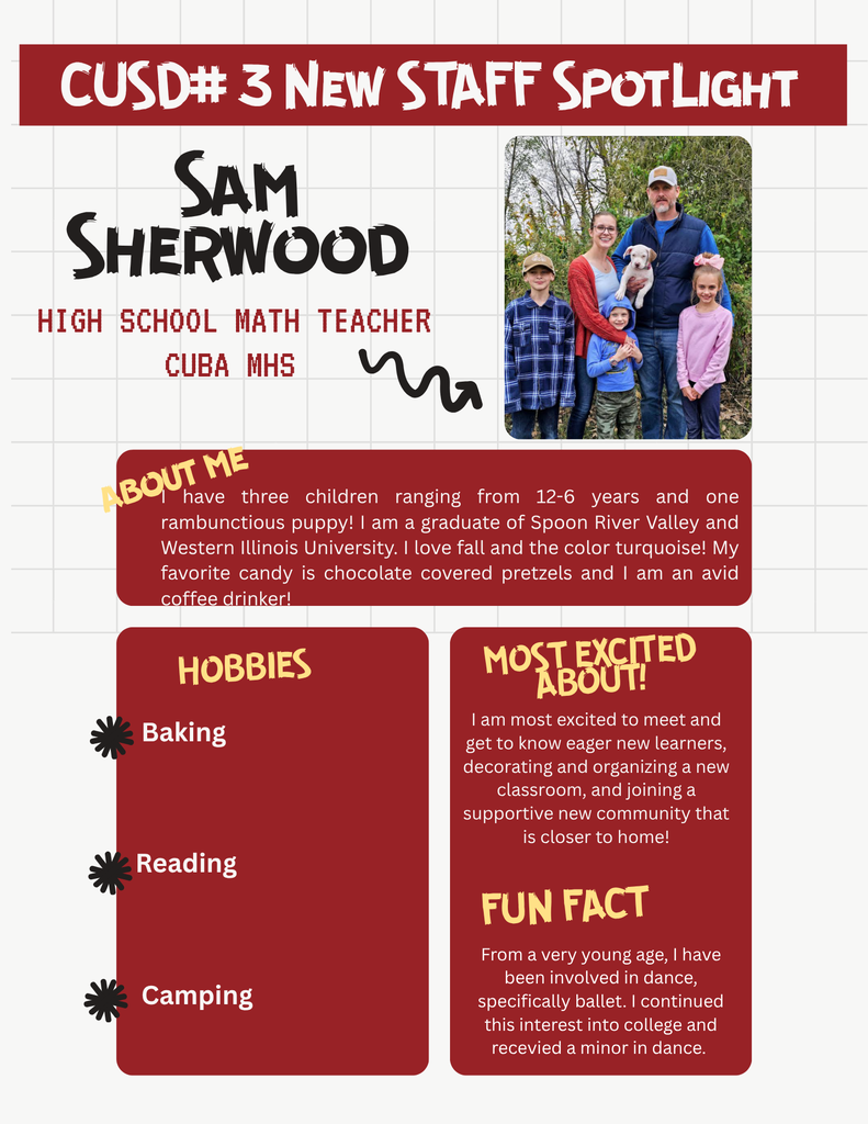 CUSD#3 Staff Spotlight-Sam Sherwood will be the High School Math teacher  at Cuba High School.