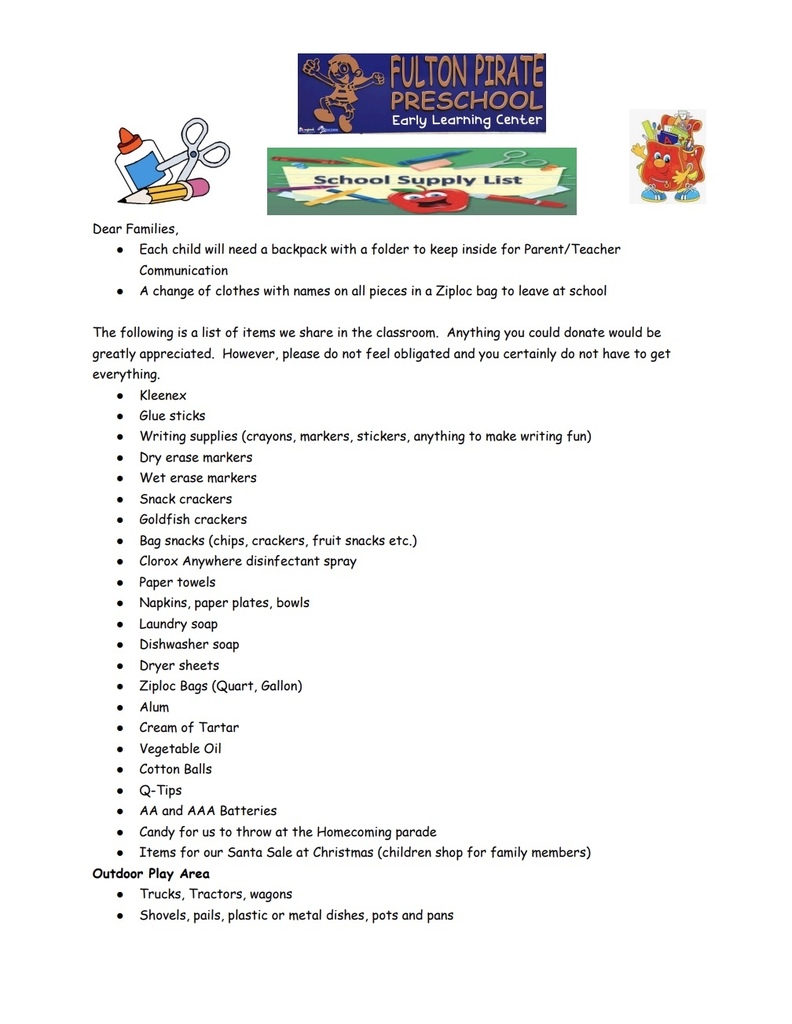 Preschool supply list