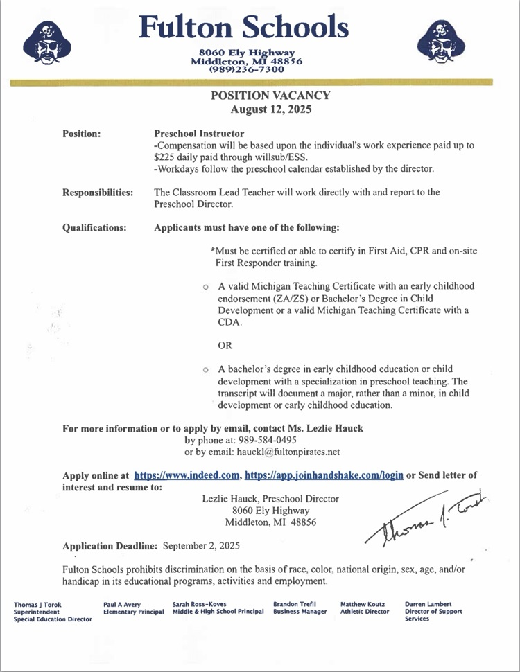 Preschool Lead Teacher Position