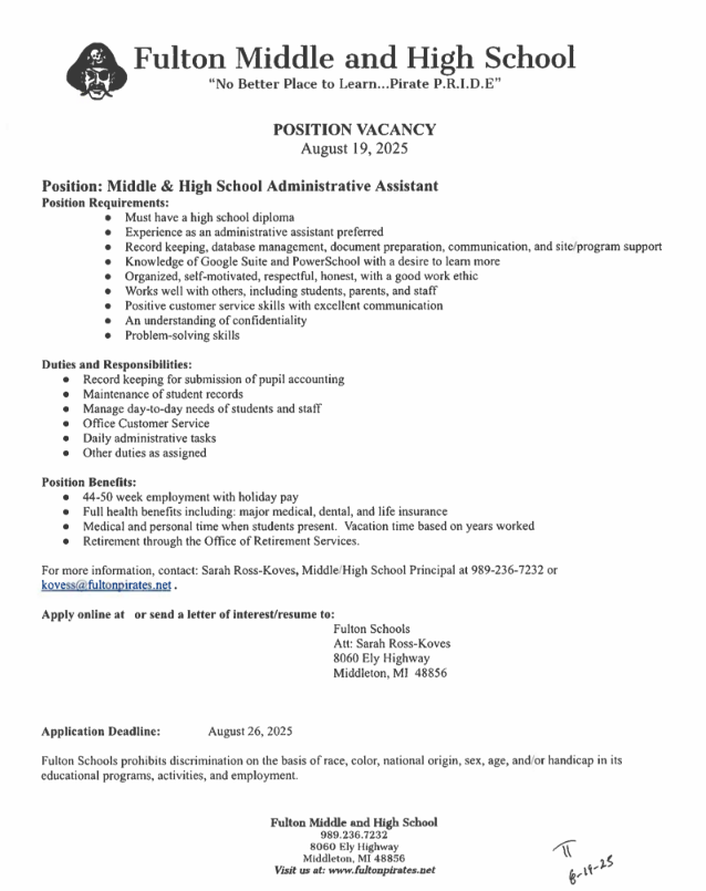 MS/HS Admin Assistant Job Posting