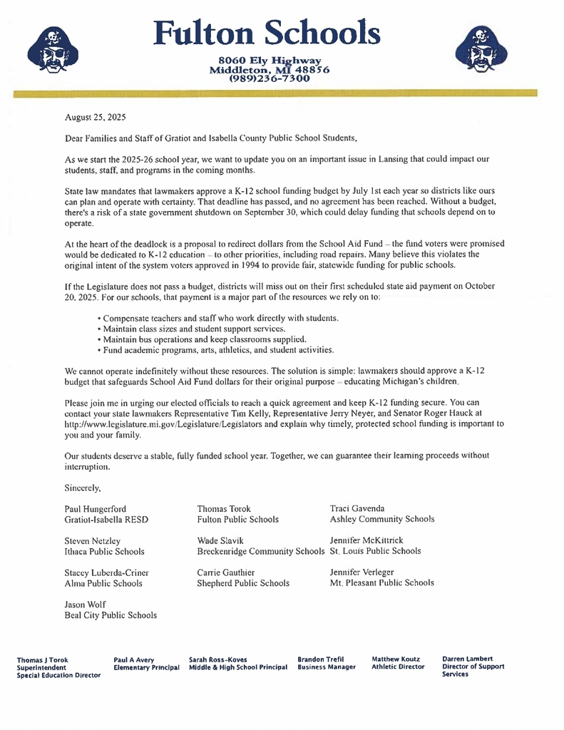 Letter to Families