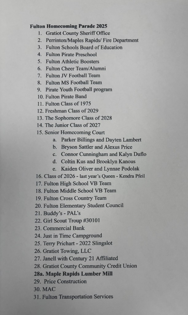 2025 Fulton Homecoming Parade Line-up