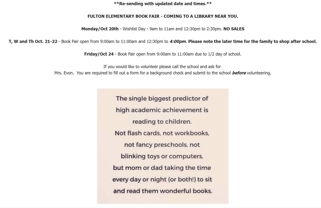 Updated bookfair schedule for the elementary