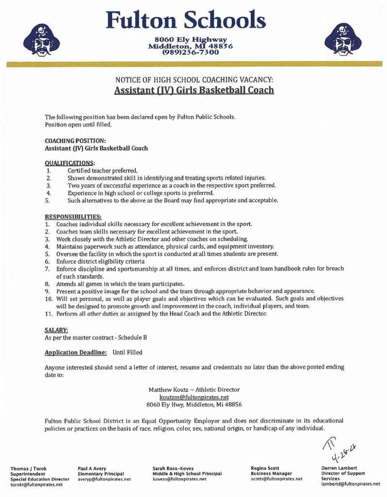 Assistant JV Girls Basketball Coach