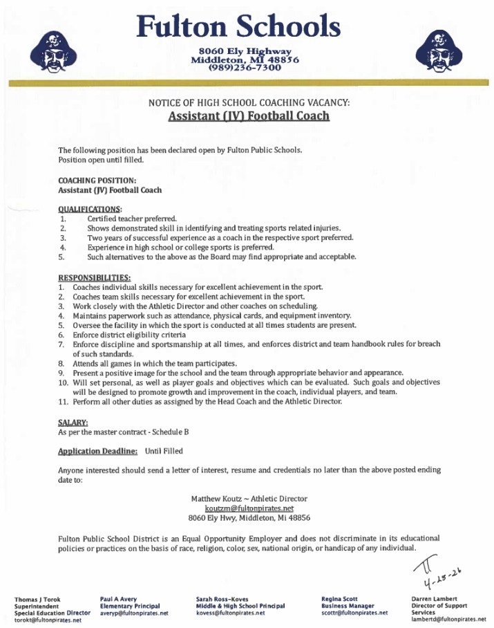 Assistant JV Football Coach