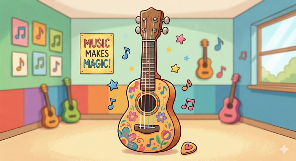 A colorful ukulele in a music room