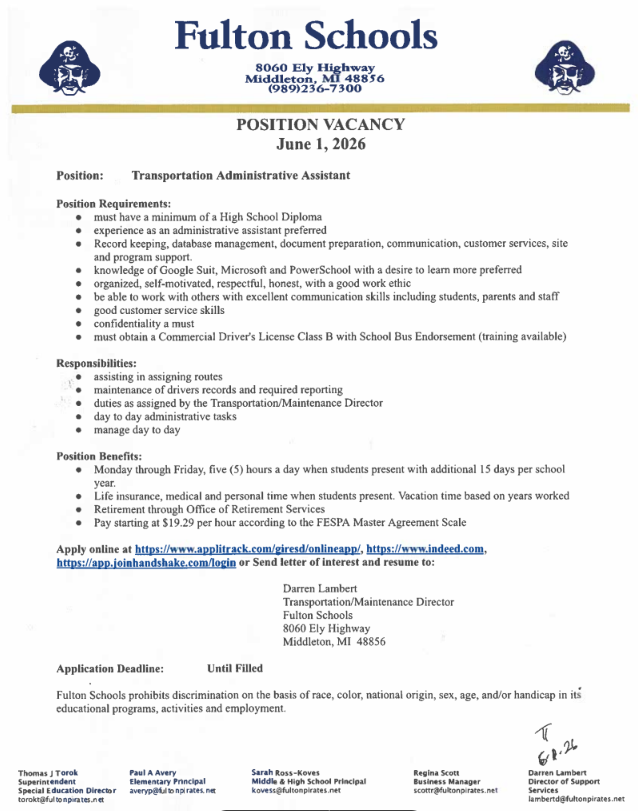 Transportation Administrative Assistant Job Opening