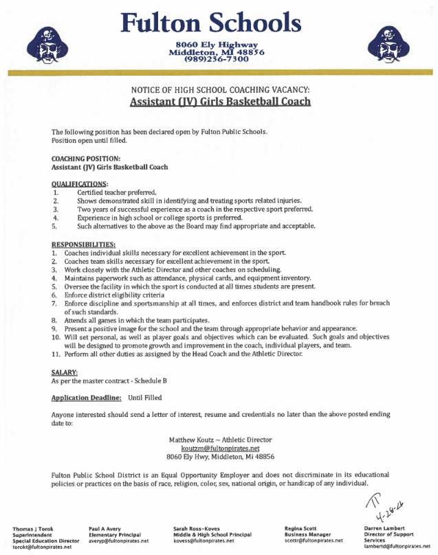 Assistant JV Girls Basketball Coach
