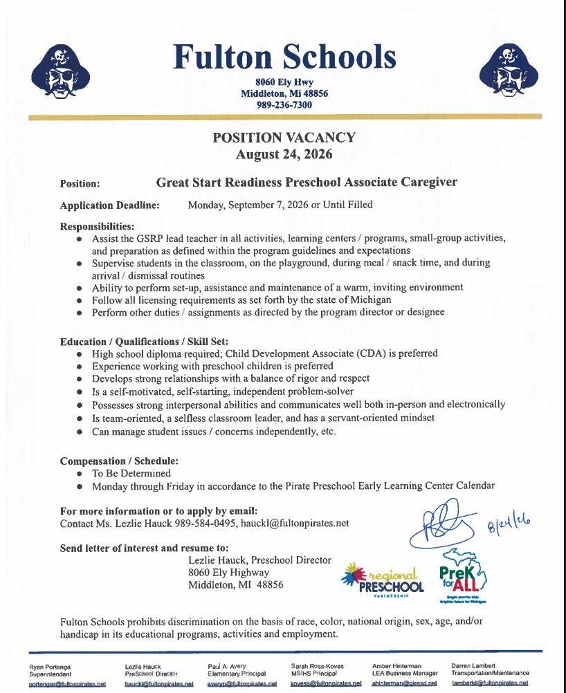 Preschool Job Opening