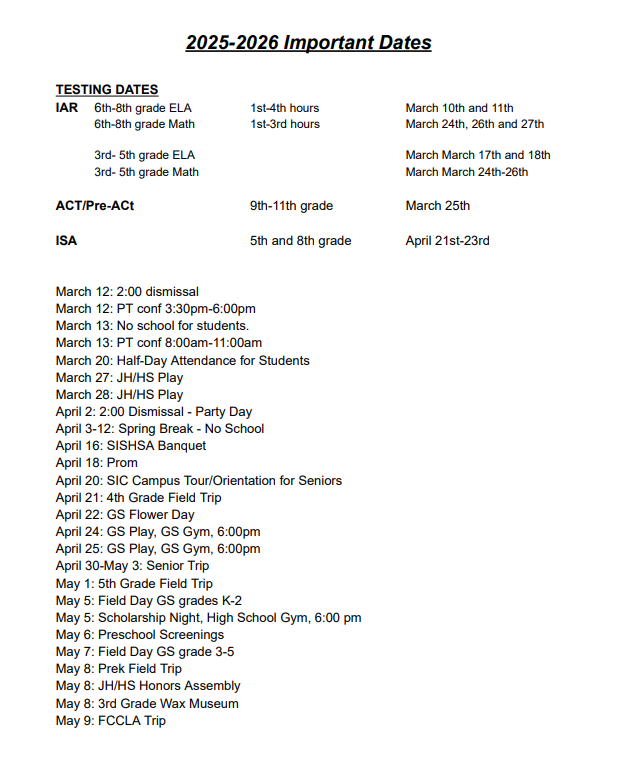 End of the Year Dates