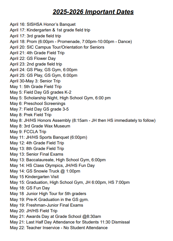 End of the Year Dates