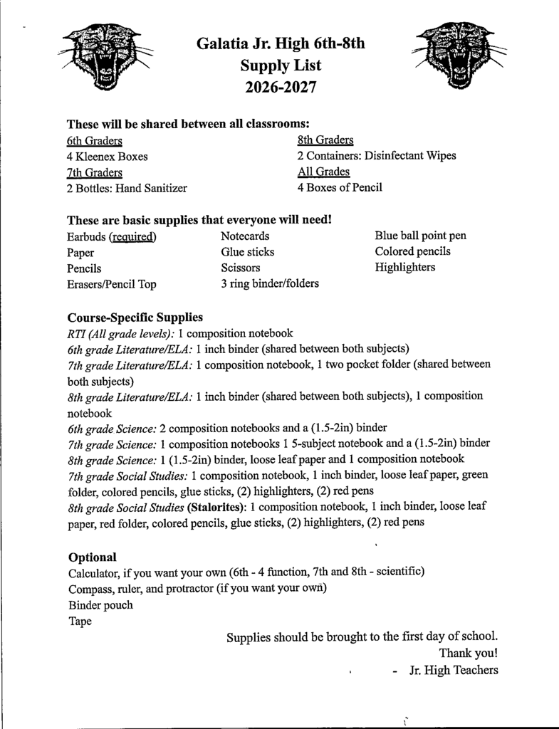 Jr. High Supply List