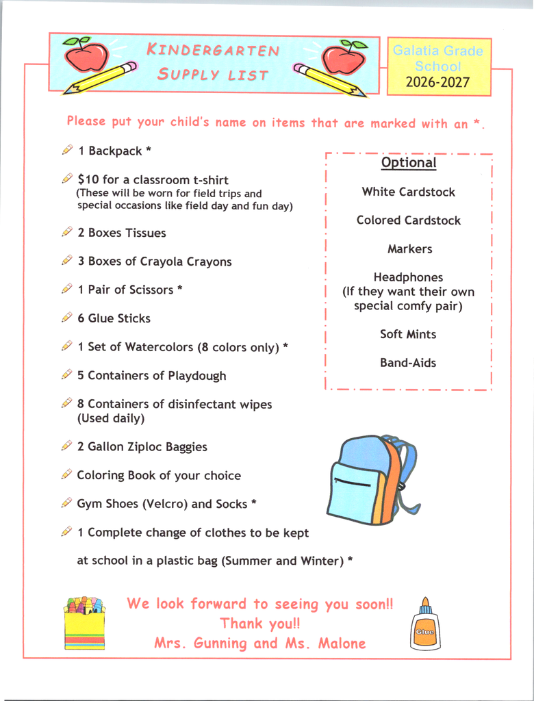 Kindergarten supply list