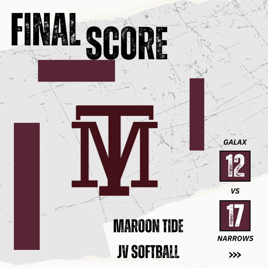 White and maroon sports graphic with "Final Score" above maroon M logo. Galax 12 vs Maroon Tide 17.