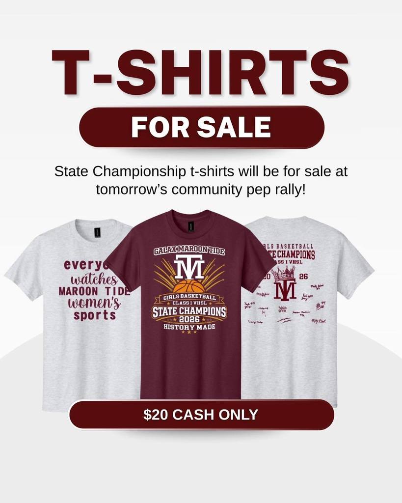 Three t-shirts displayed with text. The center shirt is maroon, while the other two are white. Prices are $20 cash only.