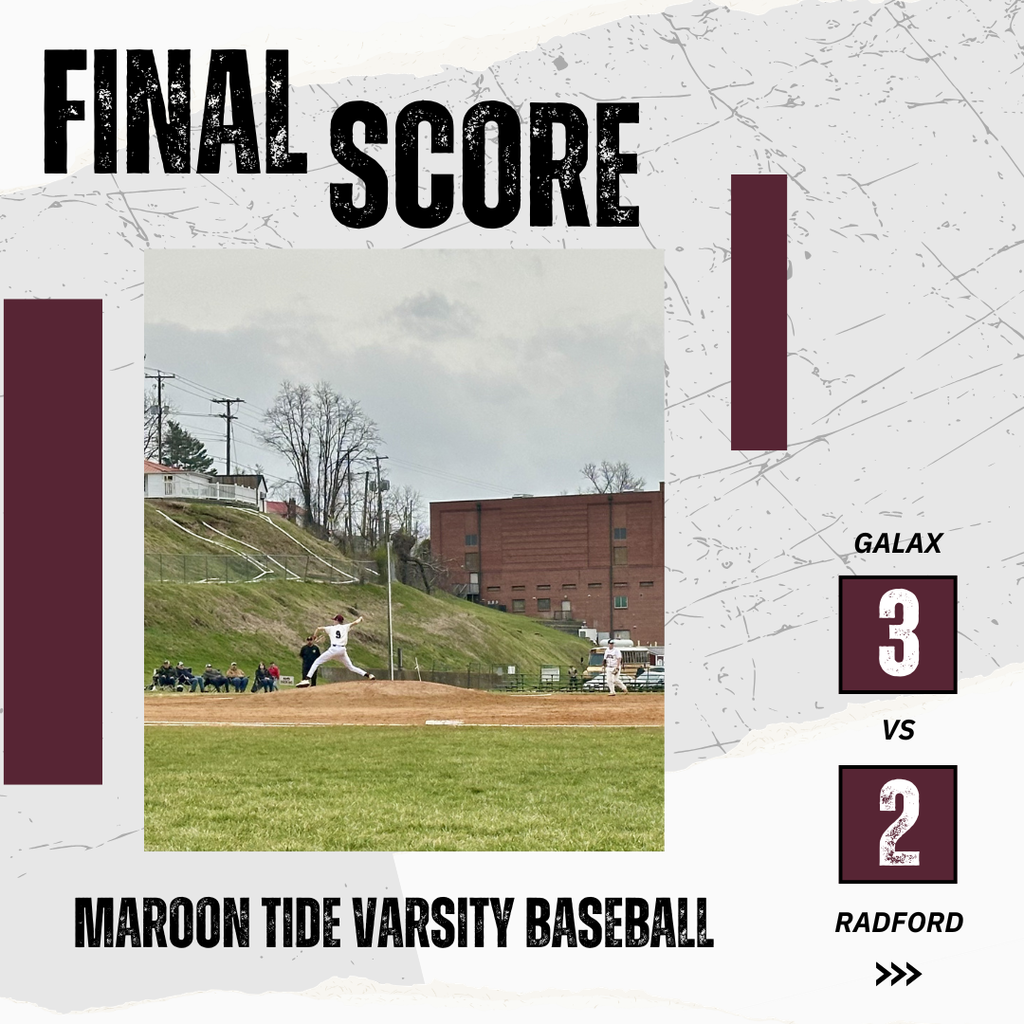 Graphic showing final score of Maroon Tide varsity baseball game. The game is against Radford, with a score of 3 to 2.