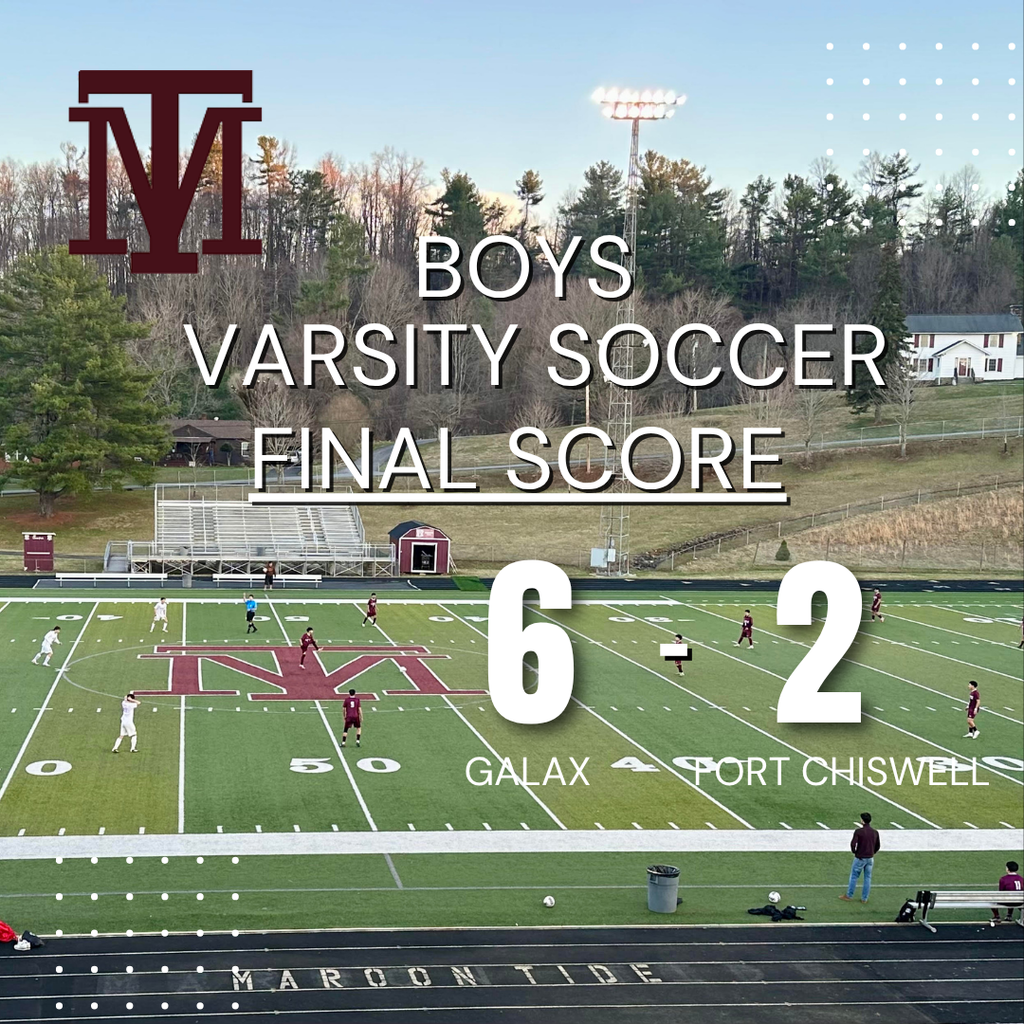 Soccer field with players, score 6-2, and "Boys Varsity Soccer Final Score" text over the field.