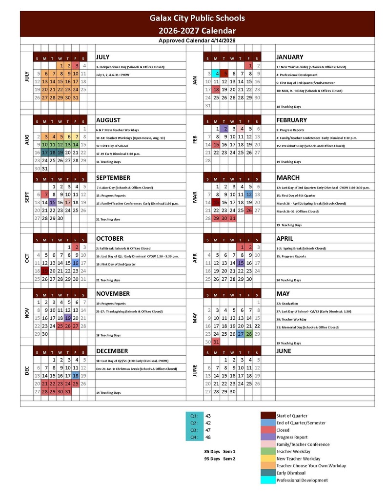 School calendar for 2020-2021. Months are in black. Colored boxes indicate different types of events.
