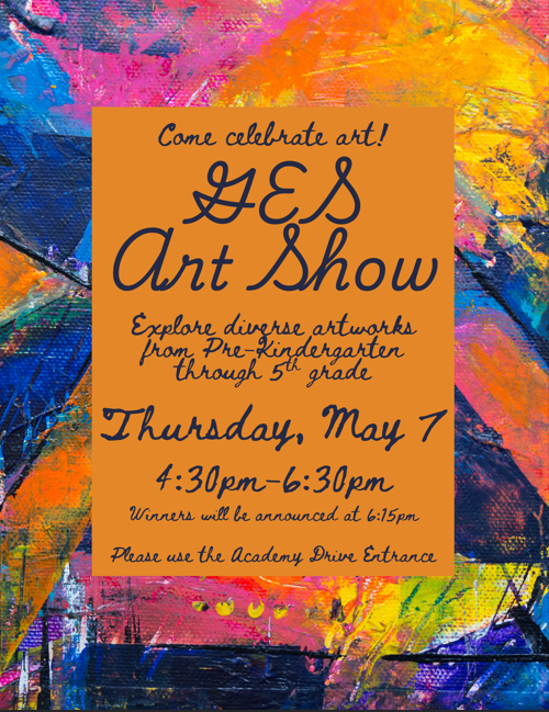A vibrant poster for an art show. It reads "GES Art Show" with an abstract background. Details include date, time, and location.