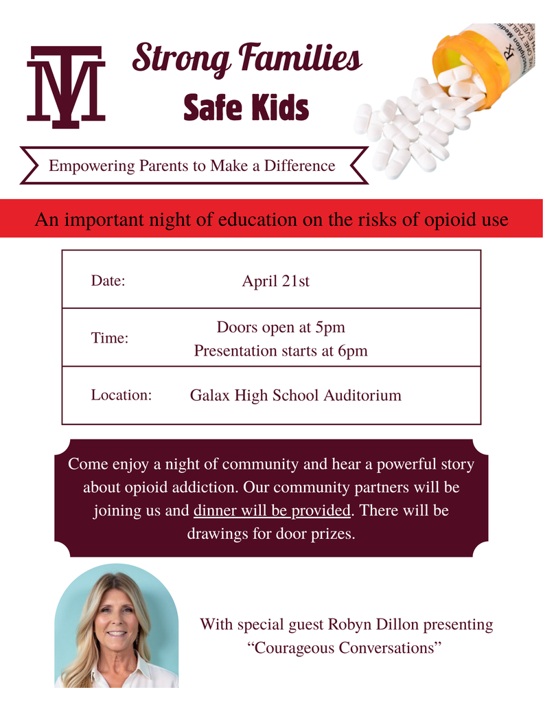 An event poster for "Strong Families, Safe Kids" with a woman, pills, and details about the event.