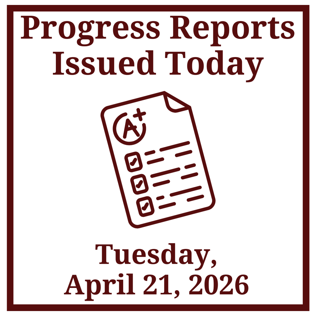 A text graphic with a white background. A document icon shows an "A+" grade. Text reads "Progress Reports Issued Today" and "Tuesday, April 21, 2026."