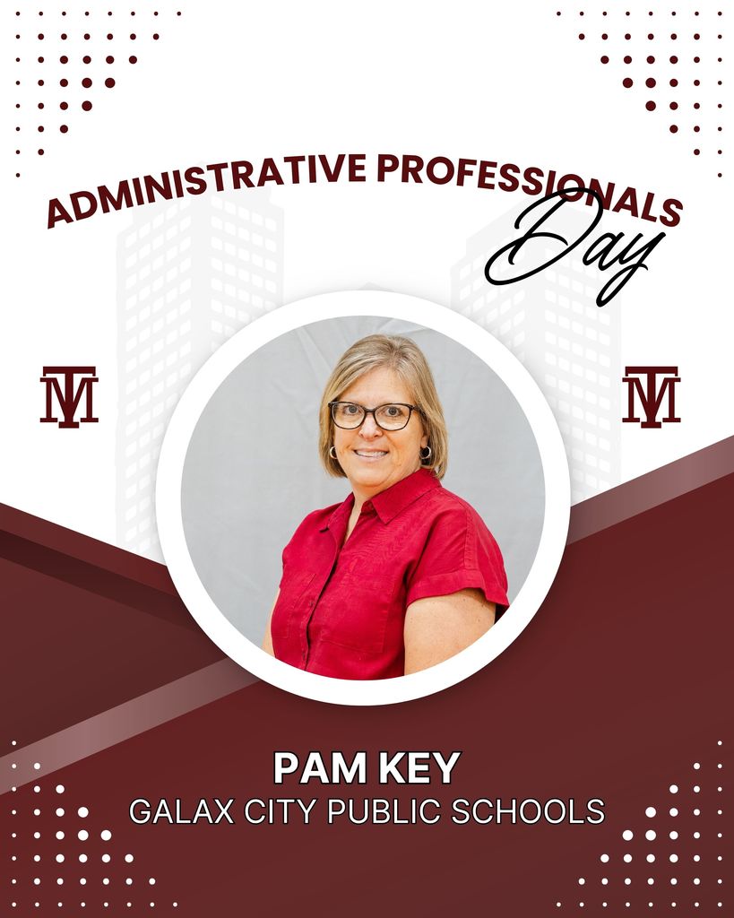 A poster featuring a woman named Pam Key, a school administrator, with "Administrative Professionals Day" and the organization's logo.