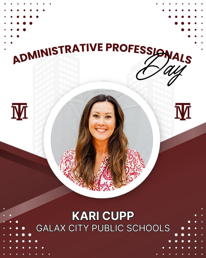 A banner reads "Administrative Professionals Day" with a photo of a woman named Kari Cupp.