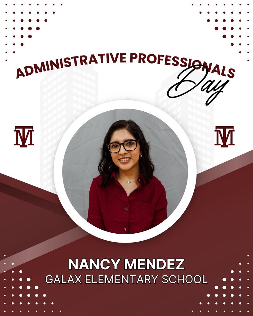 A circular photo of a smiling woman in a red shirt. "ADMINISTRATIVE PROFESSIONALS DAY" is in black letters at top. "NANCY MENDEZ GALAX ELEMENTARY SCHOOL" is at bottom.