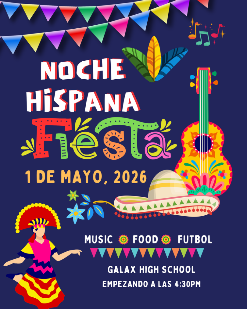 A poster for Noche Hispana Fiesta, May 1, 2026, featuring a colorful guitar, a sombrero, and a dancer.