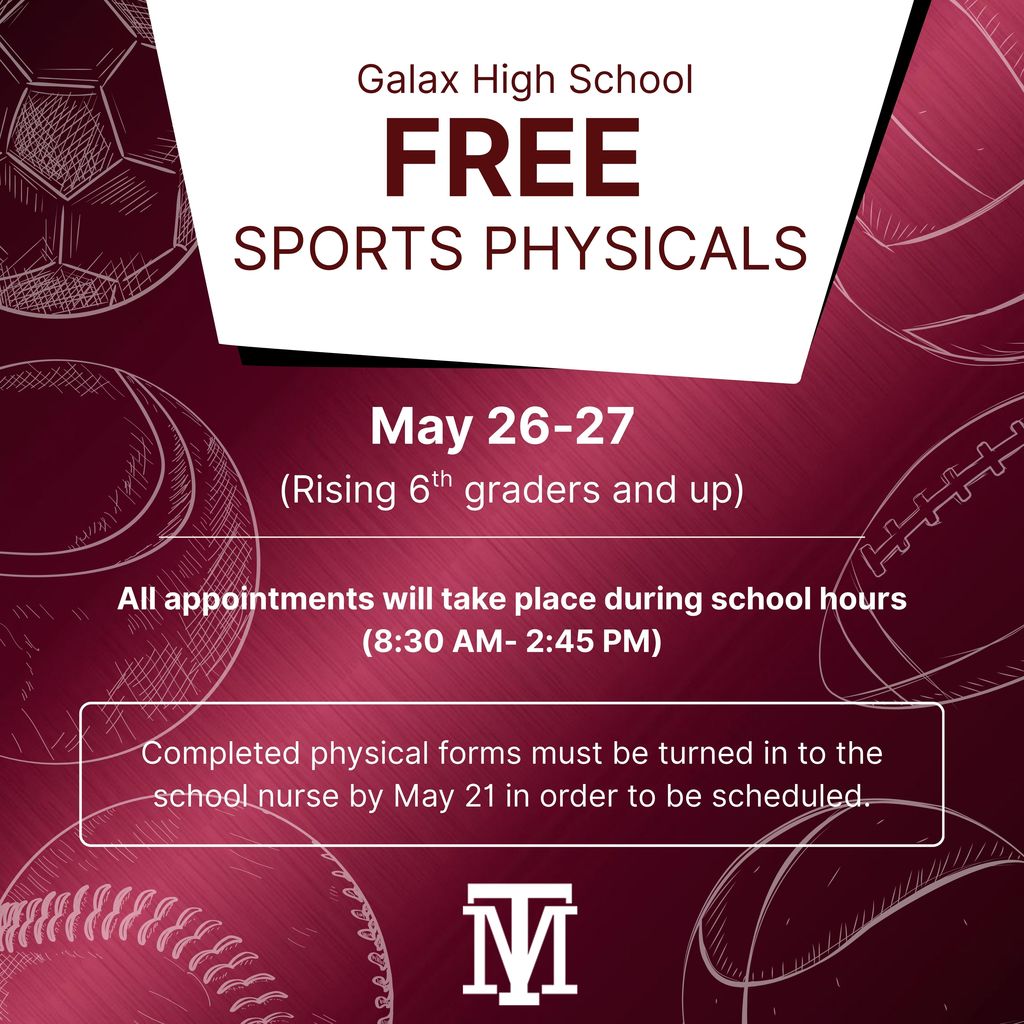Poster for sports physicals. Text reads "Free Sports Physicals May 26-27." Red background with sports balls.