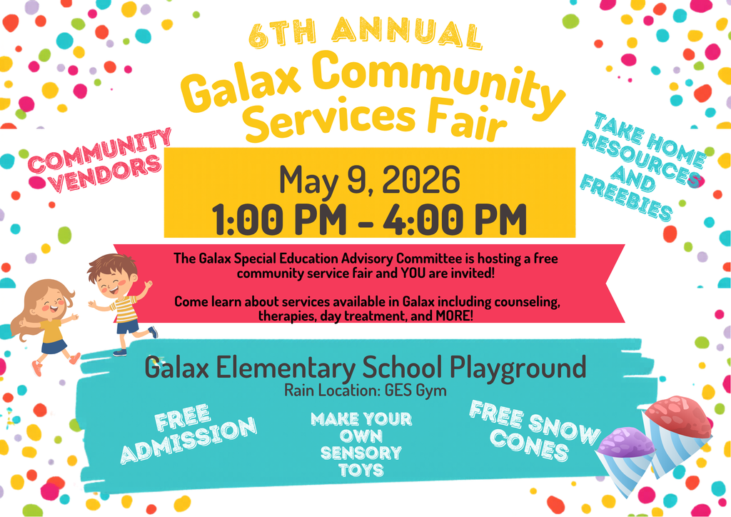 Colorful poster with children playing, ice cream, and balloons. Text reads "6th Annual Galax Community Services Fair, May 9, 2026."