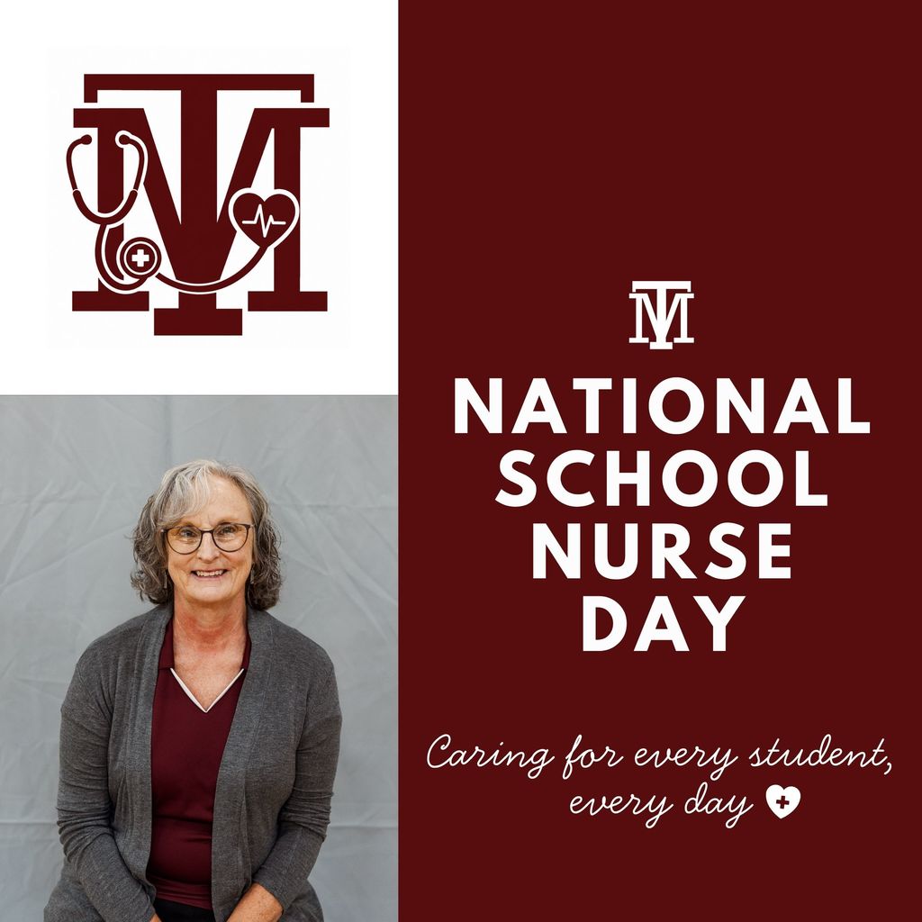 A woman in glasses and a gray cardigan stands in front of a backdrop. Text reads "NATIONAL SCHOOL NURSE DAY".