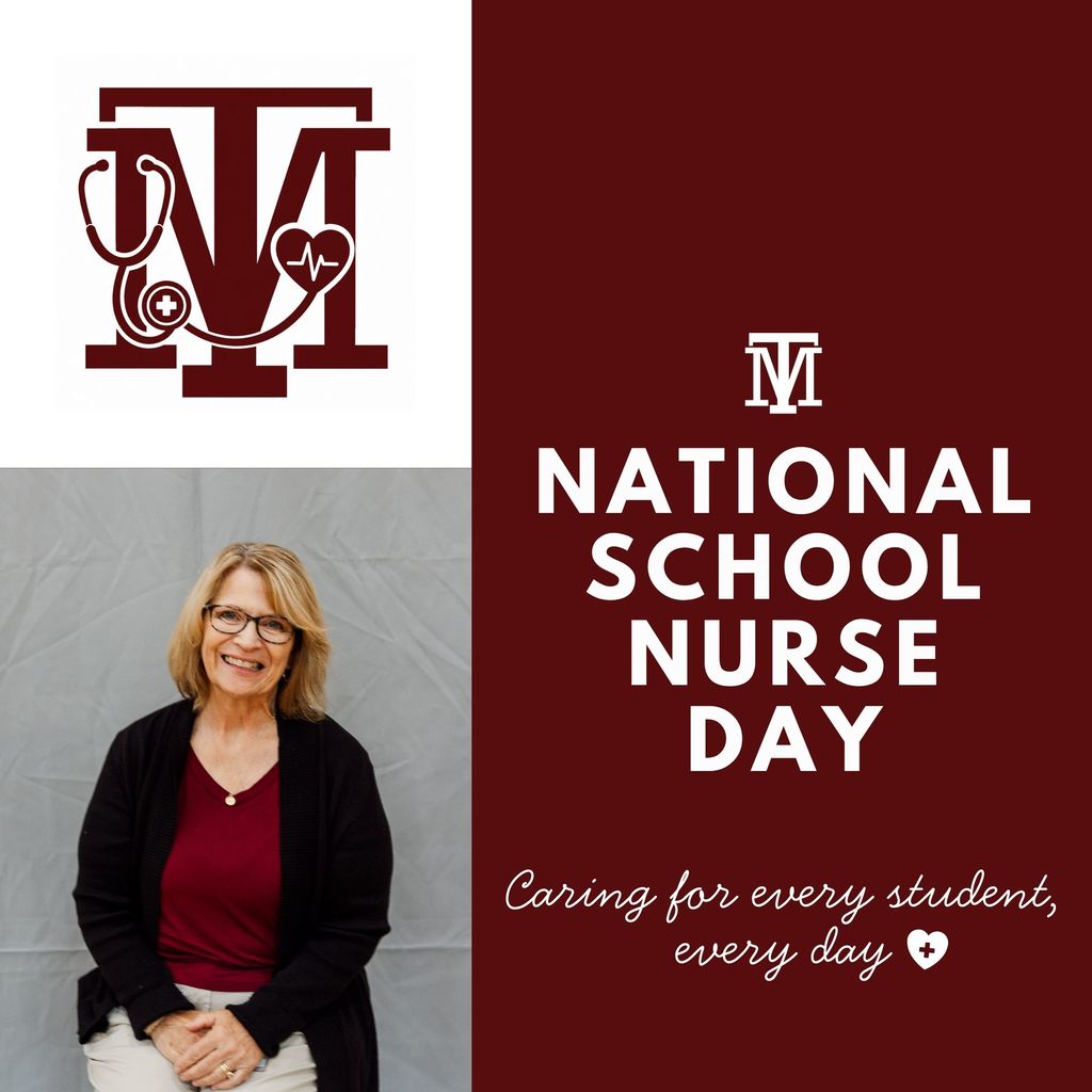 A woman wearing a maroon shirt and white pants stands before a backdrop. Text reads: "National School Nurse Day. Caring for every student, every day."