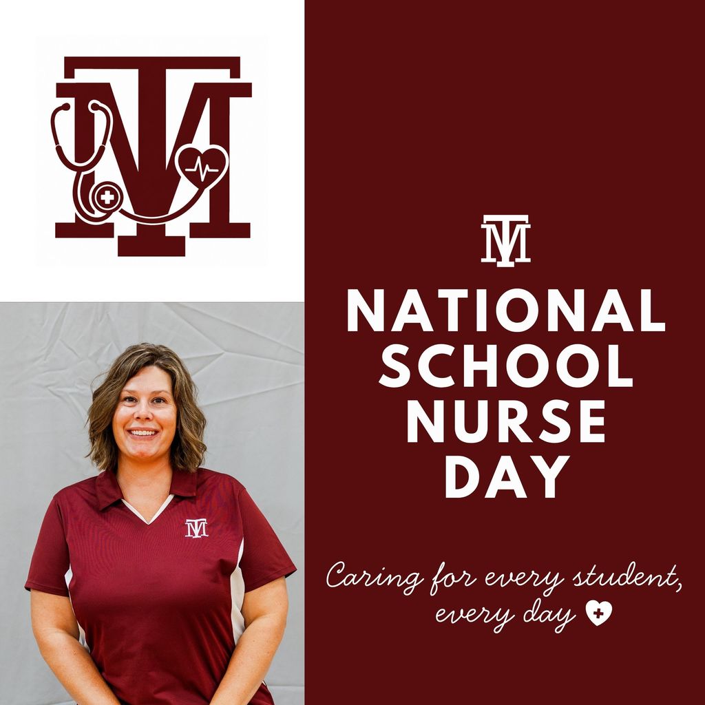 A woman in a maroon shirt stands against a maroon background with white text. Text reads "National School Nurse Day" and "Caring for every student, every day".