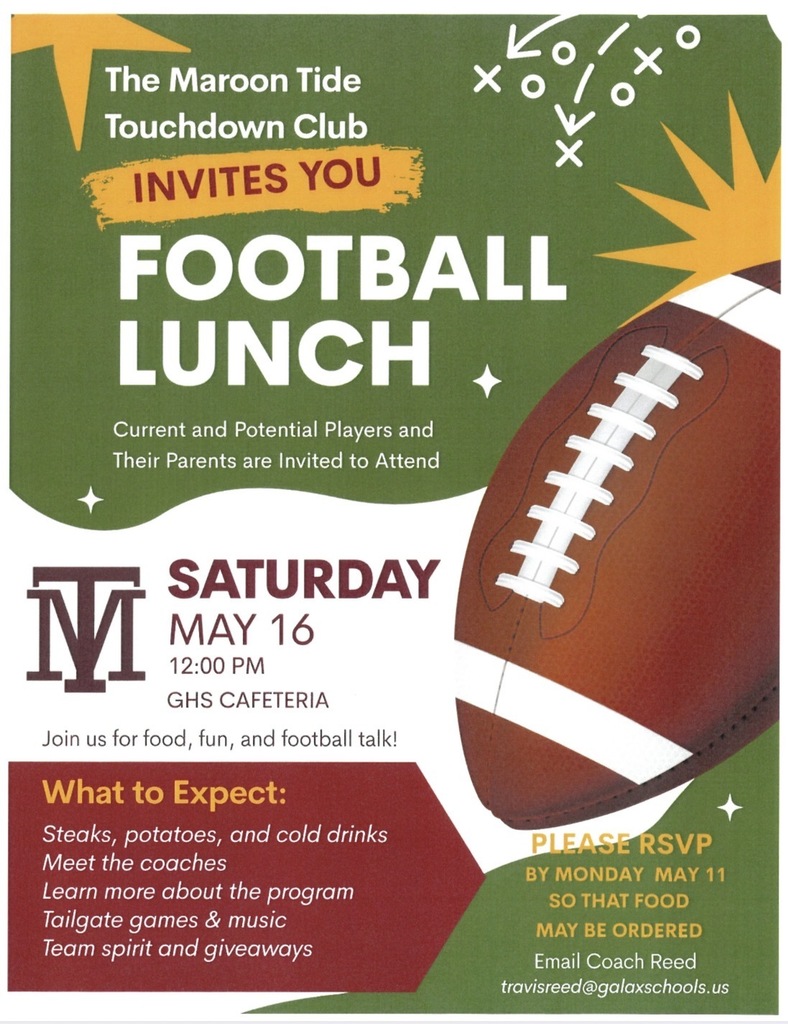 Poster with a football and text inviting current and potential players and their parents to a football lunch on May 16.
