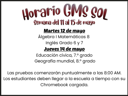 A white background with red and black text lists exam times and subjects for the week of May 11 to 15.