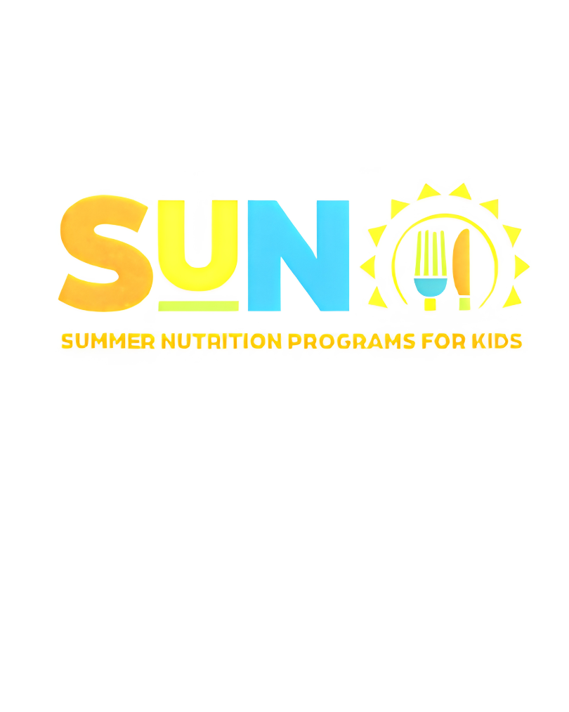Logo with the letters SUN in blue and orange, a sun graphic with fork and knife, and text "Summer Nutrition Programs for Kids".