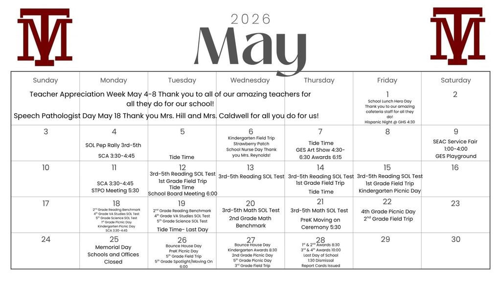 Calendar with "May 2020" at top, and a grid layout of dates, with some text and numbers.